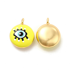 Yellow Brass Enamel Charms, Real 18K Gold Plated, Long-Lasting Plated, Flat Round with Evil Eye, Yellow, 19x15.5x8mm, Hole: 2mm
