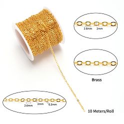 Golden Brass Cable Chains, Soldered, with Spool, Flat Oval, Golden, 2.6x2x0.3mm, Fit for 0.7x4mm Jump Rings, about 32.8 Feet(10m)/roll