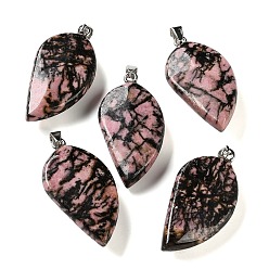 Rodonita Colgantes naturales rhodonite, con 304 presas de acero inoxidable a presión, encanto de la hoja, 44~45x22~23x7~9 mm, agujero: 7x4 mm