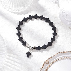 Черный Браслеты с подвесками из синтетической бирюзы и крестиками, эластичные браслеты для мужчин и женщин, со сплавочной фурнитурой, чёрные, внутренний диаметр: 2-1/4~2-3/8 дюйм (5.8~6 см)