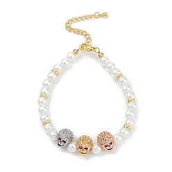 Настоящее золото 18K Браслеты с подвесками из латуни с микропаве из кубического циркония, с abs имитационными жемчужными бусинами , без кадмия и без свинца, долговечный, череп, струя, 7-1/8 дюйм (18 см)
