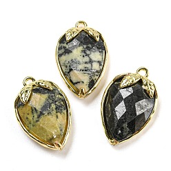 Желтая Бирюза(яшма) Граненые подвески из натуральной желтой бирюзы(яшмы), покрытие стойки латунные подвески с клубникой, золотые, 18x11x5~5.5 мм, отверстие : 1.2 мм