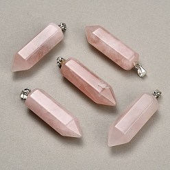 Rose Quartz Natural Rose Quartz Pendants, Hexagon Charms, with 304 Stainless Steel Snap on Bails, Stainless Steel Color, 49~51x13~14x15~16mm, Hole: 7.5x4mm
