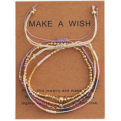 Laiton 4 pièces 4 styles bracelets de perles tressées ajustables en perles de verre et perles d'améthyste naturelle, Ensemble de bracelets extensibles en laiton et perles de verre pour femmes, ronde, avec carte papier, 6.50 pouces (16.5 cm) ~11.02 pouces (28 cm)