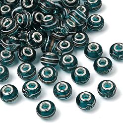 чирок Rondelle ручной золотой песок Lampwork европейские крупные шарики отверстия, с латунными сердечниками с серебряным покрытием, зелено-синие, 14x9~10 мм, отверстие : 5 мм