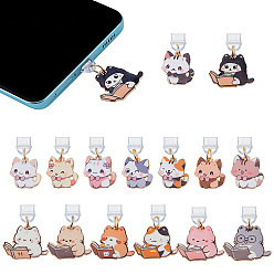 (52) Непрозрачная лаванда 15шт. ПВХ мобильные пылезащитные заглушки, с подвесками из эмали и сплава , форма кошки, золотые, разноцветные, 33~35 мм