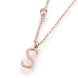Letter S (Schmuckpartys im Werksverkauf) 304 Halsketten mit Initialenanhänger aus Edelstahl, mit Glas Strass, Kristall, Roségold, letter.s, 16.1~16.5 Zoll (41~42 cm), Anhänger: 11x5~8.5x1 mm