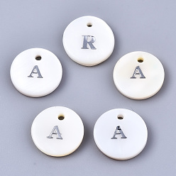 Letter A Natural Freshwater Shell Pendants, with Platinum Plated Iron Etched Metal Embellishments, Flat Round with Initial Letter, White, Letter.A, 11x2mm, Hole: 1.5mm