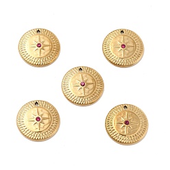 Fuchsia Vacuum Plating 201 Stainless Steel with Rhinestone Charms, Real 18K Gold Plated, Flat Round with Star Pattern, Fuchsia, 14x2mm, Hole: 0.8mm