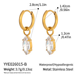 Horse Eye 304 Stainless Steel Pave Cubic Zirconia Hoop Dangle Earrings for Women, Real 18K Gold Plated, Horse Eye, 28x14.2mm