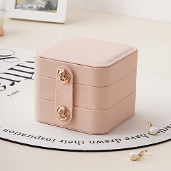 Pink 3 Layer Travel PU Leather Storage Box for Women, Square Portable Jewelry Case Organizer for Earrings Bracelets Necklaces, with Snap Button, Pink, 9.5x9.5x8cm