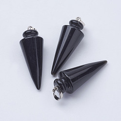 (946F)Морозный цвет внутри  Жонкиль / Непрозрачная зеленая подкладка Подвески из натурального окрашенного и нагретого черного агата, с латунной фурнитурой платинового цвета, конус / шип / маятник, 43~45x16 мм, отверстие : 5x7 мм