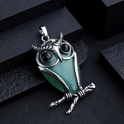 Зеленый Авантюрин Естественный зеленый авантюрин большие кулоны, сплав сова драгоценные камни амулеты, античное серебро, 57x30 мм