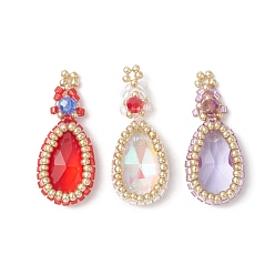 Mixed Color 3Pcs Glass Seed Beaded Pendants, Teardrop Charm, Mixed Color, 32x13.5x6mm, Hole: 1.4mm and 1mm