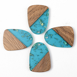Dark Turquoise Transparent Resin & Walnut Wood Pendants, with Gold Foil, Teardrop, Dark Turquoise, 28x20x3mm, Hole: 2mm