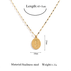 Oval 304 Stainless Steel Pendant Necklaces, Golden, Oval with Leaf, 17.72 inch(45cm), pendant: 24x16mm