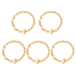 Golden 304 Stainless Steel Cable Chain Bracelets, with Toggle Clasps, Golden, 8-5/8 inch(22cm), 8mm, 5pcs/box