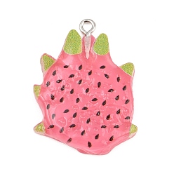 Rosa Caliente Colgantes de resina opaca imitación fruta, encanto con forma de rebanada de pitaya, con aros de hierro platino, rojo, color de rosa caliente, 33x24x5.5 mm, agujero: 2 mm