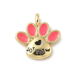 Ярко-Розовый Латунь эмаль прелести, отпечаток лапы с надписью «Сейчас», с целью перехода в кольце, без свинца и без кадмия, долговечный, стойки покрытие, реальный 18 k позолоченный, ярко-розовый, 11.5x11x2 мм, отверстие : 3.4 мм