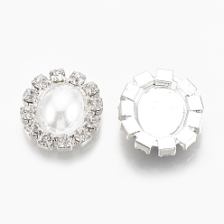 White Brass Flat Back Cabochons, with Rhinestone and ABS Plastic Imitation Pearl, Oval, Silver Color Plated, Crystal, White, 16x14.5x4mm