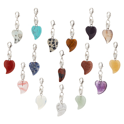 Смешанные камни 16 шт. подвесные украшения в форме сердца из натуральных и синтетических камней, Сплав с застежками когтя омара, 43 мм