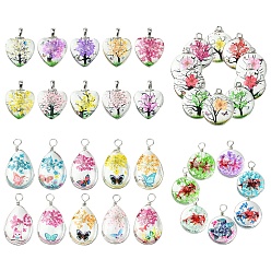 (52) Непрозрачная лаванда 10 шт. Прозрачные стеклянные подвески, слеза, сушеный цветок внутри и находка из нержавеющей стали, разноцветные, 33.5x18.5x11 мм, отверстие : 4.5 мм