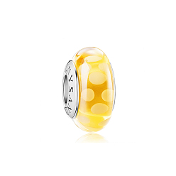 Yellow Glass Lampwork Large Hole European Beads, with Platinum Plated 925 Sterling Silver Double Cores, Rondelle with Dot Pattern, Yellow, 8.28x14.13mm, Hole: 4.23mm