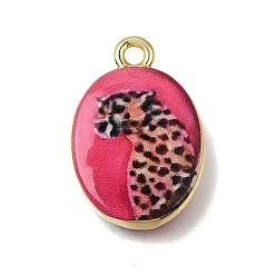 Golden Printed Brass Pendants, Oval with Leopard Charms, Pink, Golden, 19.5x13.5x4mm, Hole: 1.7mm