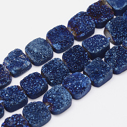Plaqué Bleu Galvaniques Druzy naturel brins cristal de quartz de perles, carrée, classe ab, 10~10.5x10~10.5x5~6.5mm, Trou: 1mm, Environ 20 pcs/chapelet, 7.8 pouces (200 mm)