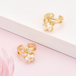 Настоящее золото 18K Латунные серьги-манжеты из прозрачного кубического циркония, звезда, реальный 18 k позолоченный, 19x16x13 мм