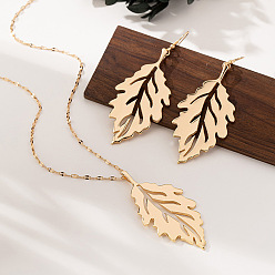 Golden Alloy Hollow Leaf Dangle Earrings & Pendant Necklaces Sets for Women, Golden, Necklaces: 15.75 inch(40cm), Earring: 85x34mm