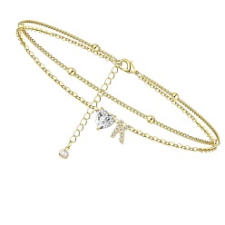 Letter K Двухслойные браслеты на ногу с подвесками в виде сердца и буквы из латуни и кристаллов горного хрусталя, золотые, Письмо K, 8-5/8 дюйм (220 мм)