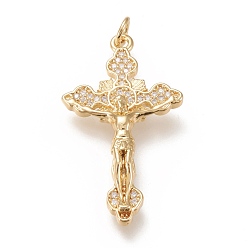 Real 18K Gold Plated Brass Micro Pave Clear Cubic  Zirconia Pendants, with Jump Rings, Crucifix Cross, Real 18K Gold Plated, 35x19.5x4mm, Jump Ring: 5x1mm, 3mm Inner Diameter