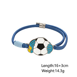 Dark Turquoise Sports 304 Stainless Steel Enamel Football Link Nylon Cord Slider Bracelets, Platinum, Dark Turquoise, 6.30 inch(16cm)