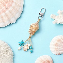 Платина Подвесные украшения из плетеной нейлоновой нити и натуральных ракушек, с синтетической бирюзой и черепахами из магнезита и поворотными застежками из сплава, платина, 121 мм