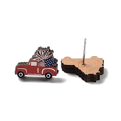 Автомобиль Деревянные серьги-гвоздики ко Дню независимости, с 304 штифтов из нержавеющей стали, автомобиль, 12x17 мм