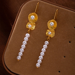 Golden Alloy Imitation Pearl Dangle Earrings for Women, Flower, Golden, 81x14mm