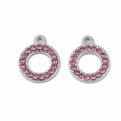 Rose 304 Stainless Steel Pendants, with Rhinestone, Round Ring, Rose, 15.5x12.5x2mm, Hole: 1.4mm