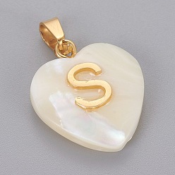 Letter S Shell Anhänger, mit 304 Edelstahl Zubehör, Herz mit Brief, golden, letter.s, 23.5x20x7 mm, Bohrung: 3.5x7 mm