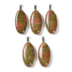 Unakite Natural Unakite Pendants, with 304 Stainless Steel Snap on Bails, Oval Charm, 44x20x8mm, Hole: 7x4mm