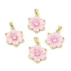 Pink Латунные микропаве прозрачные подвески с фианитом, с эмалью, , реальный 18 k позолоченный, розовые, 20x15.5x3.5 мм, отверстие : 4x2 мм