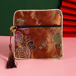 Сиена Мешочки на молнии из полиэстера с цветочным принтом для хранения ювелирных изделий, с кистями, квадратный, цвет охры, 12x12 см