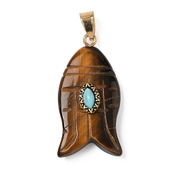 Тигровый глаз Резные подвески из натурального тигрового глаза и синтетической бирюзы, амулеты в виде рыбок с латунными дужками, золотые, 35x17.5x7.5~8 мм, отверстие : 4.3x6.5 мм