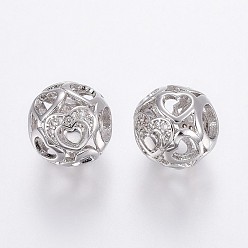 Platinum Brass Micro Pave Cubic Zirconia European Beads, Large Hole Beads, Hollow, Rondelle with Heart, Clear, Platinum, 10.5x9mm, Hole: 4mm