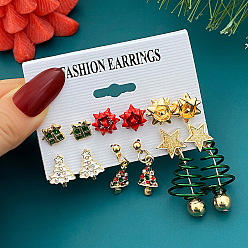 Золотой 6 пары серег-гвоздиков из сплава со стразами на рождественскую тематику, с искусственным жемчугом и эмалью, золотые, 12 мм