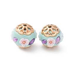 Бледно-бирюзовый Круглые бусины из смолы ручной работы из Индонезии, со сплавочной фурнитурой со стразами, круглая с цветком, бледные бирюзовая, 15x16x15.5 мм, отверстие : 1.8 мм