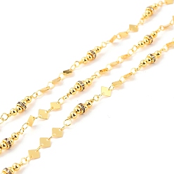 Clear Handmade Brass Link Chains, with Round Brass Beads & Flat Round Glass Beads, Long-Lasting Plated, Soldered, with Spool, Rhombus, Golden, Clear, Link: 5x5x0.5mm, 2.5x3mm, 2x4mm
