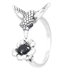 Античное Серебро Латунные открытые манжеты для женщин, с цветком из стразов и колибри, античное серебро, регулируемый