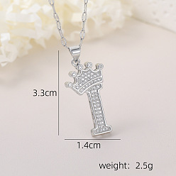 Letter I Хип-хоп латунные микропаве кубические цирконии корона инициал подвеска ожерелья, 304 ожерелья из нержавеющей стали с цепочкой для женщин, платина, Буква "i", 15.75 дюйм (40 см)