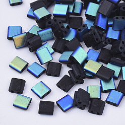Rainbow Plated FGB 2-Hole Glass Seed Beads, Half Rainbow Plated & Frosted Colours, Square, Black, 5x4.5~5.5x2~2.5mm, Hole: 0.5~0.8mm, about 1180pcs/bag